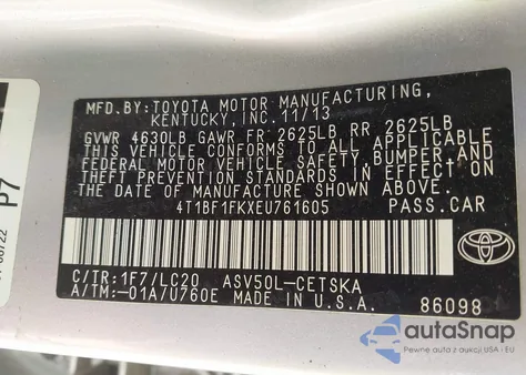 2014 Toyota Camry Se from USA, damaged, VIN 4T1BF1FKXEU761605